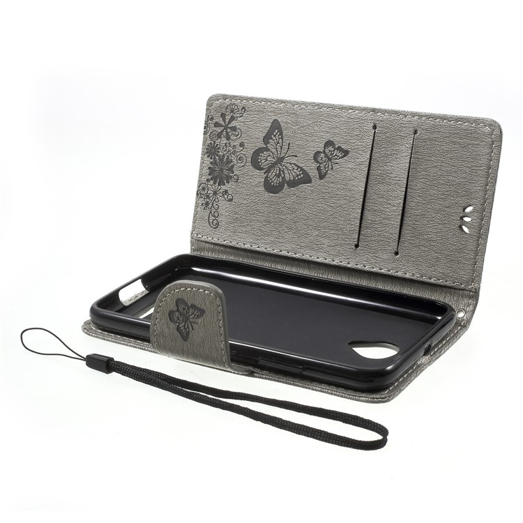 Floral Butterfly Leather Stand Cover with Hand Strap for Lenovo Vibe C2 - Grey-5