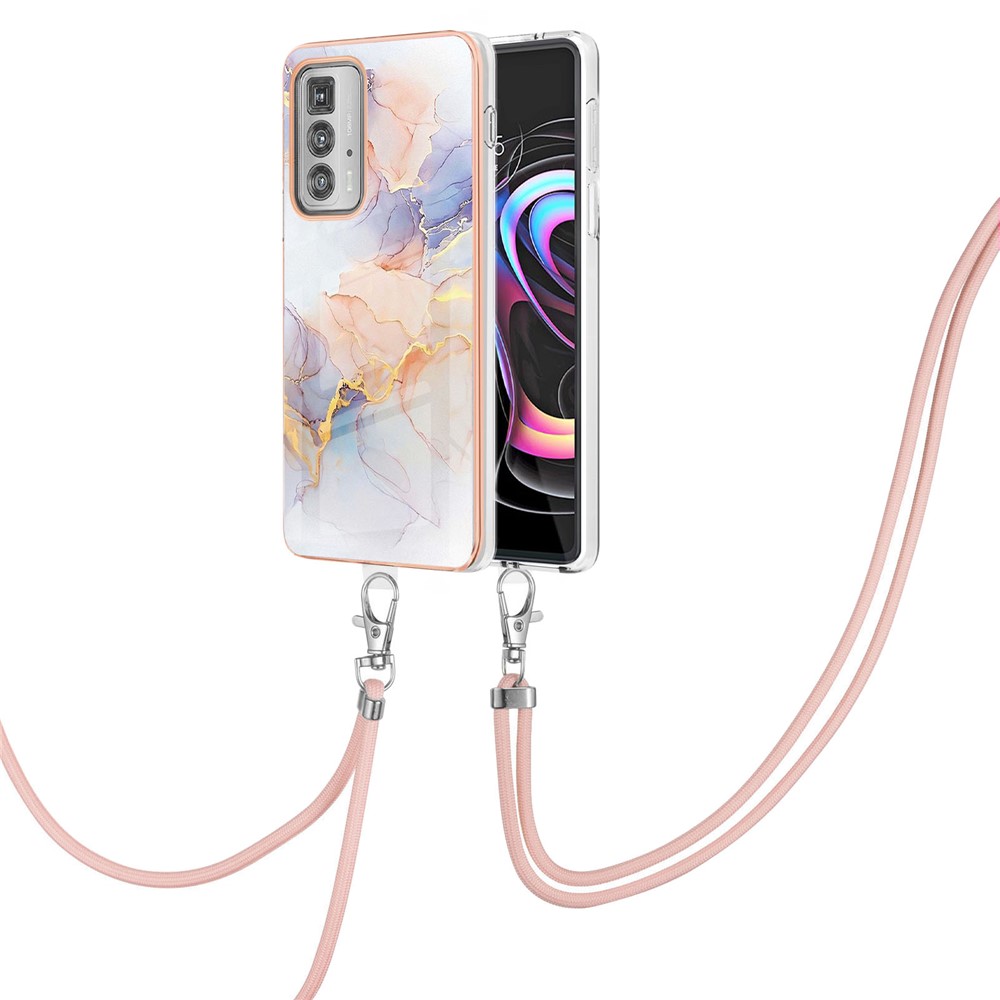 Marble Pattern Series Stylish Scratch-Resistant IMD IML Electroplating Soft TPU Phone Case with Lanyard for Motorola Edge 20 Pro - Milky Way Marble White-2
