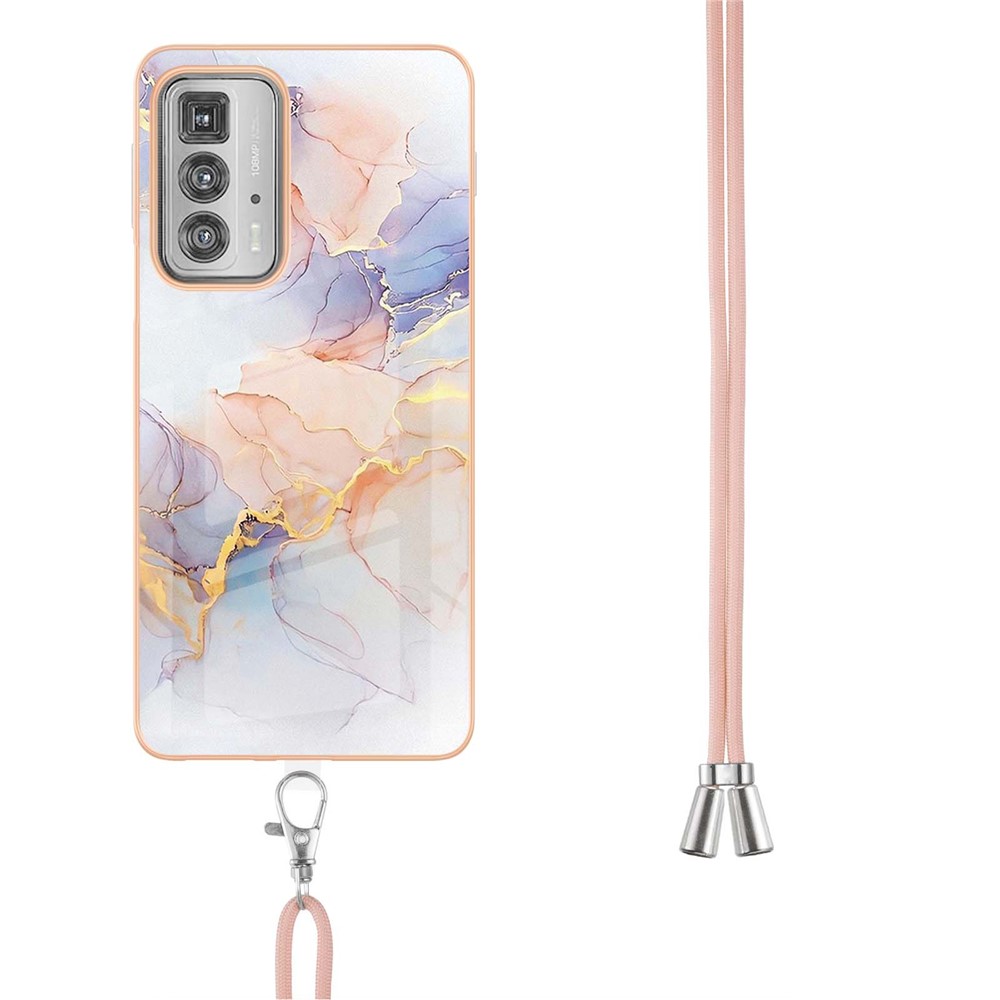 Marble Pattern Series Stylish Scratch-Resistant IMD IML Electroplating Soft TPU Phone Case with Lanyard for Motorola Edge 20 Pro - Milky Way Marble White-3