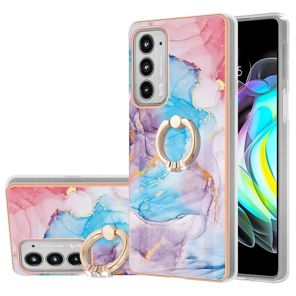 IMD Design Marble Pattern Swivel Ring Kickstand Lightweight Anti-Fall Soft TPU Phone Cover Case with Ring Kickstand for Motorola Edge 20 - Milky Way Marble Blue-2