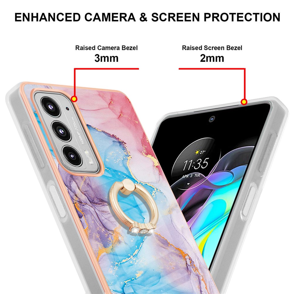 IMD Design Marble Pattern Swivel Ring Kickstand Lightweight Anti-Fall Soft TPU Phone Cover Case with Ring Kickstand for Motorola Edge 20 - Milky Way Marble Blue-3