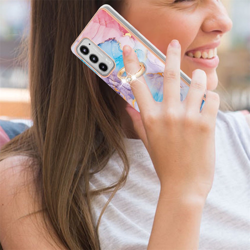 IMD Design Marble Pattern Swivel Ring Kickstand Lightweight Anti-Fall Soft TPU Phone Cover Case with Ring Kickstand for Motorola Edge 20 - Milky Way Marble Blue-4