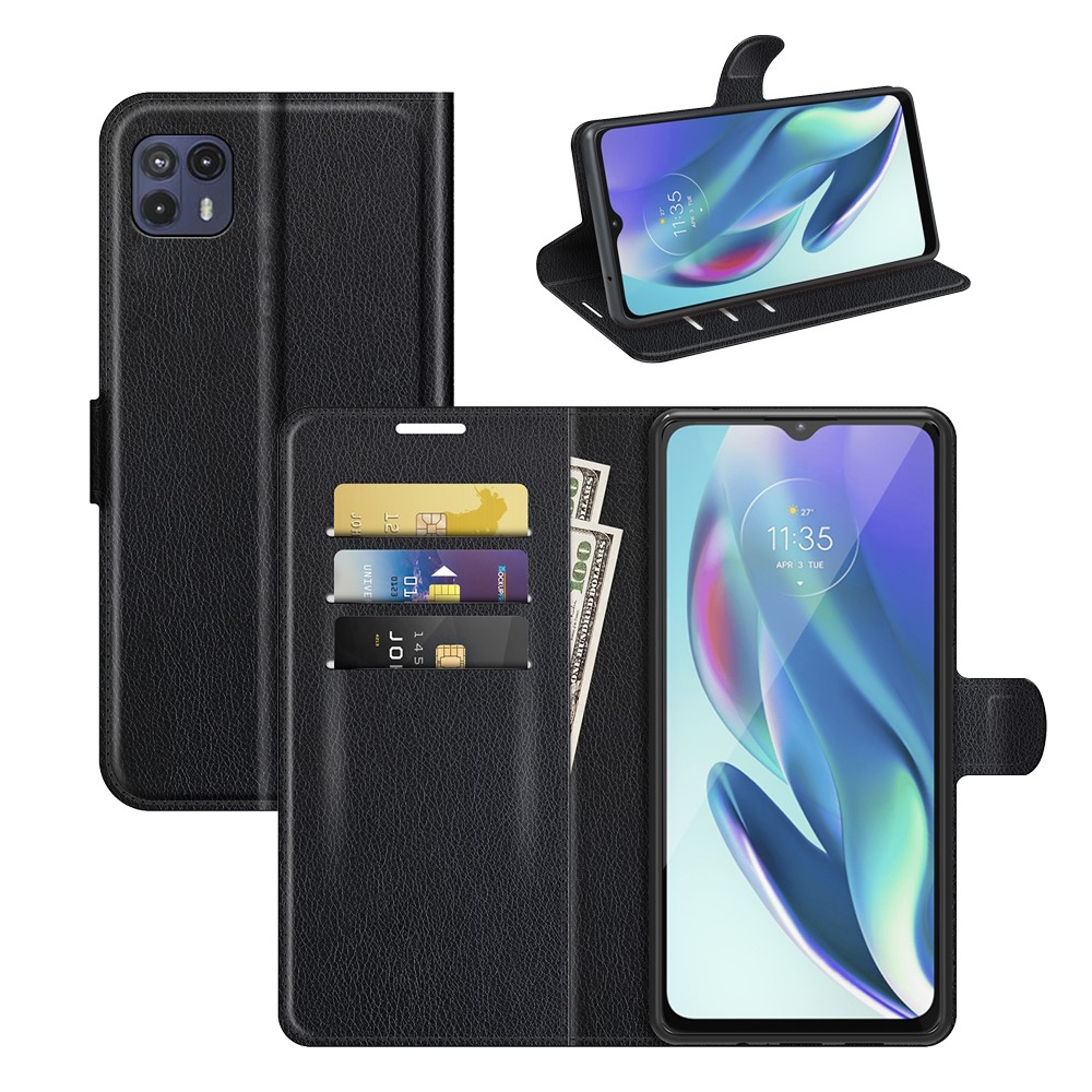 Litchi Texture Magnetic Closure Folio Flip PU Leather Stand Case Drop Protection Wallet Cover for Motorola Moto G50 5G - Black-8