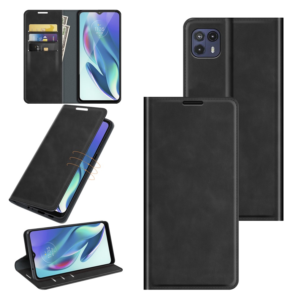 Wallet Stand Design Silky-Touch Super Magnet Closure Folio Flip Leather Cover Protective Case for Motorola Moto G50 5G - Black-8