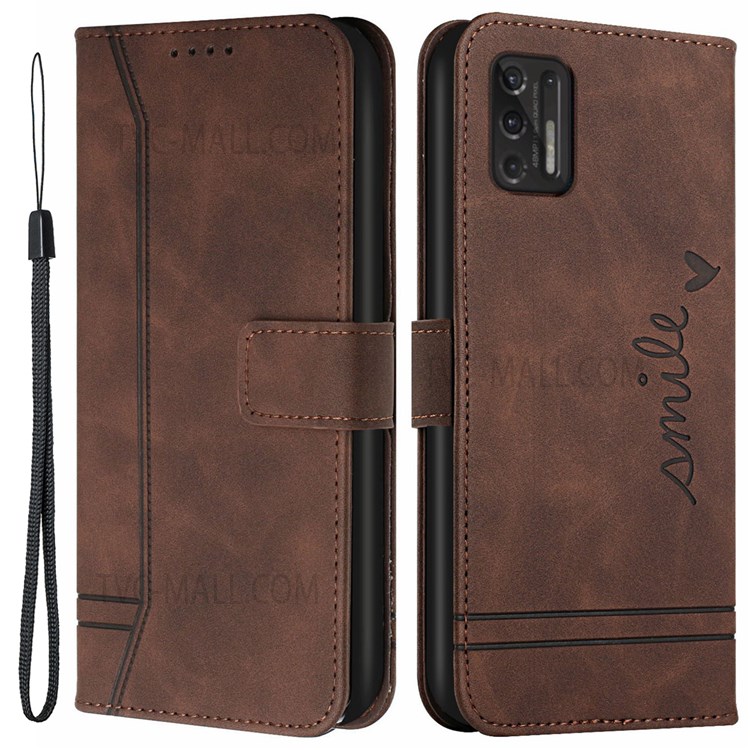 003 Series For Motorola Moto G Stylus 4G/5G (2021) Shockproof Heart Shape Imprinted Skin-touch PU Leather Wallet Stand TPU Protective Cover - Coffee-1
