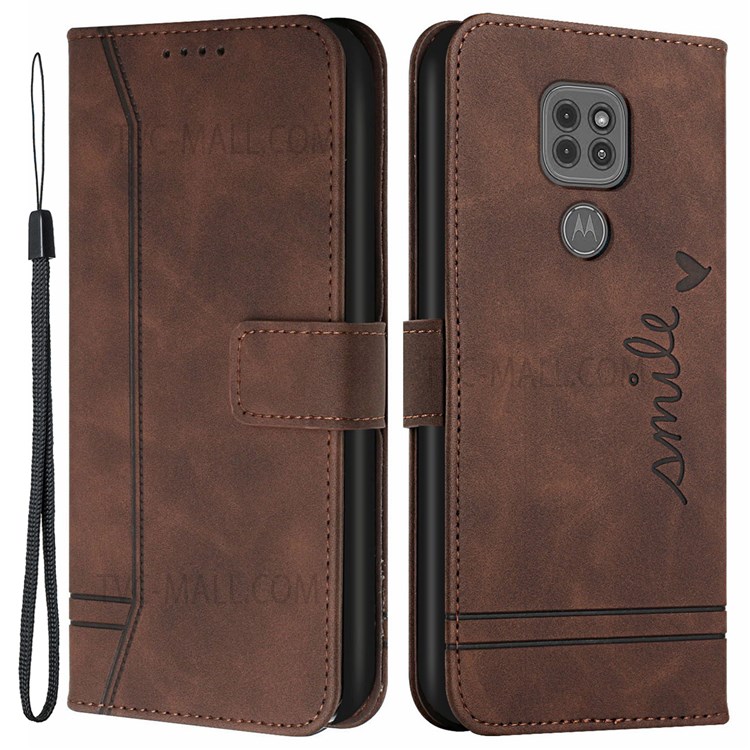 003 Series Shockproof Heart Shape Imprinted Skin-touch TPU+PU Leather Wallet Stand Cover for Motorola Moto G9 Play - Coffee-1