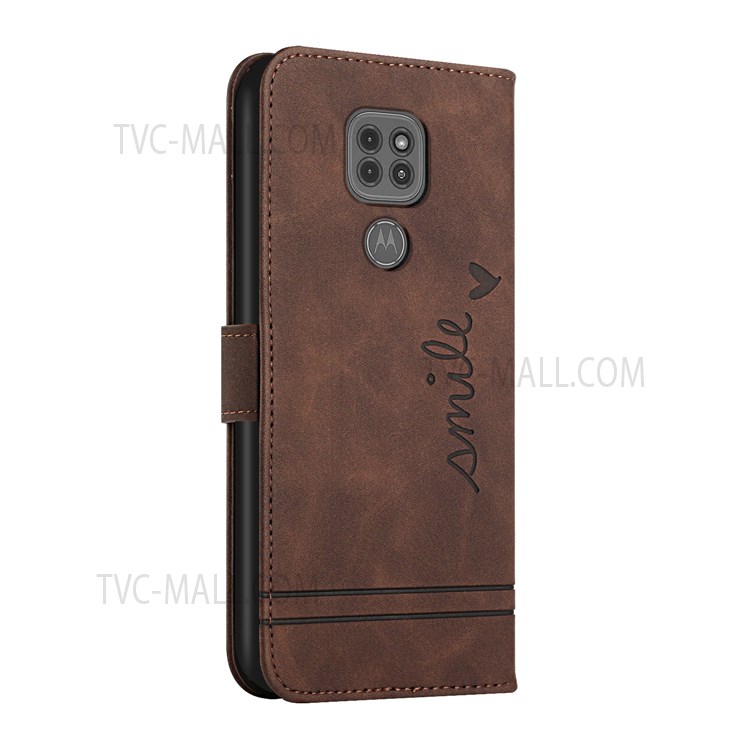 003 Series Shockproof Heart Shape Imprinted Skin-touch TPU+PU Leather Wallet Stand Cover for Motorola Moto G9 Play - Coffee-3