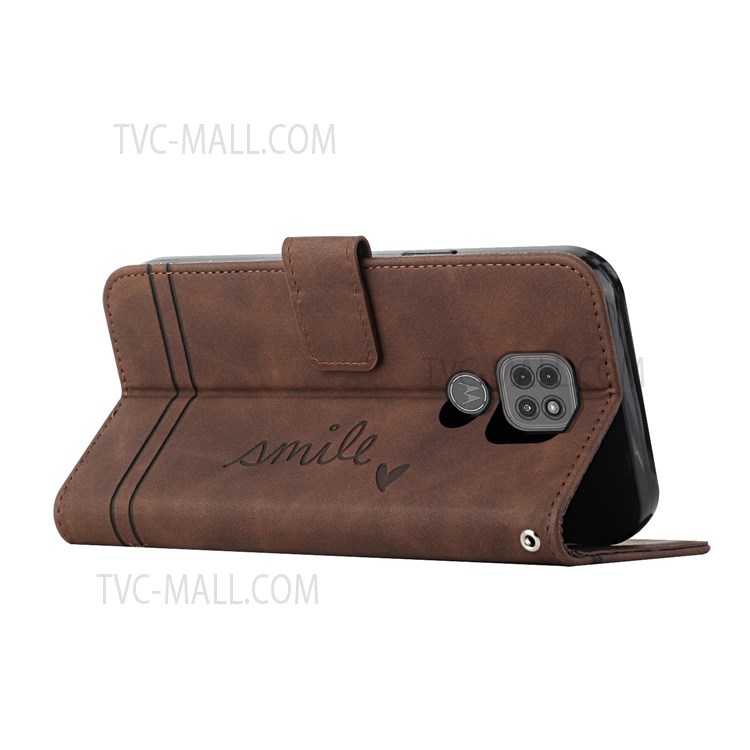003 Series Shockproof Heart Shape Imprinted Skin-touch TPU+PU Leather Wallet Stand Cover for Motorola Moto G9 Play - Coffee-5