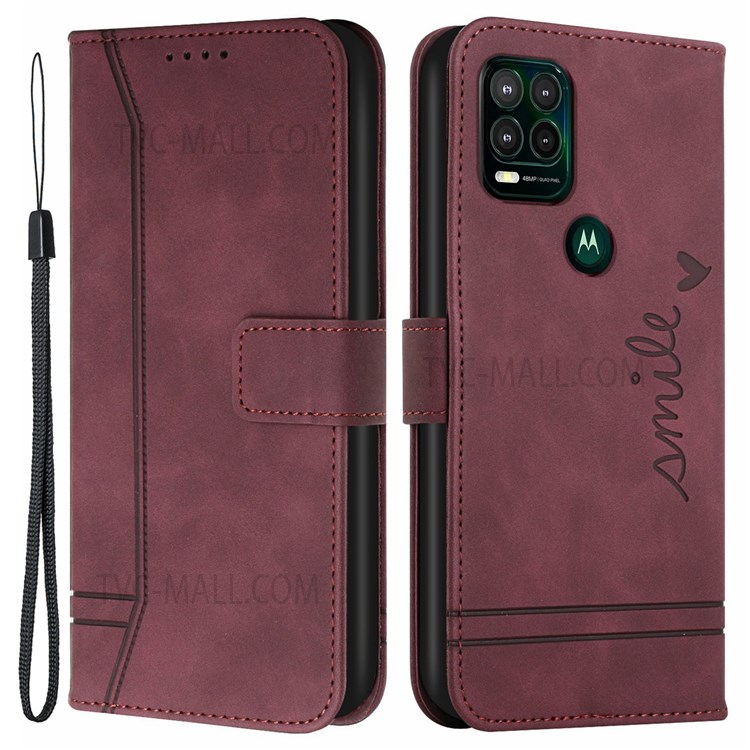 003 Series Imprinted Heart Shape PU Leather Wallet Stand Magnetic Flip Protective Cover with Strap for Motorola Moto G Stylus 5G (2021) - Wine Red-1