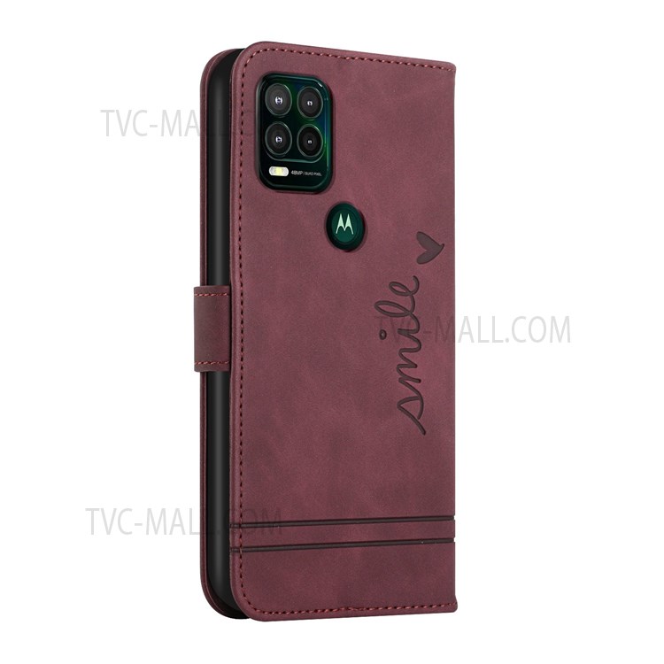 003 Series Imprinted Heart Shape PU Leather Wallet Stand Magnetic Flip Protective Cover with Strap for Motorola Moto G Stylus 5G (2021) - Wine Red-3