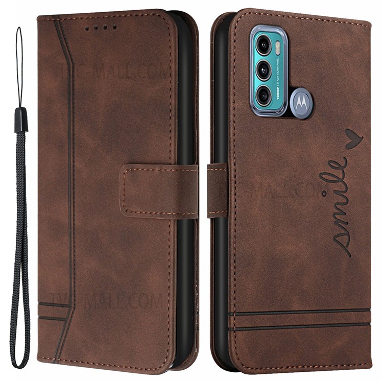003 Series Soft PU Leather Wallet Case Heart Shape Imprinted Flip Folio Stand Magnetic Cover with Strap for Motorola Moto G40 Fusion / Moto G60 - Brown-1