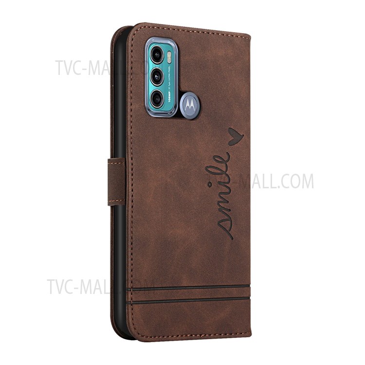 003 Series Soft PU Leather Wallet Case Heart Shape Imprinted Flip Folio Stand Magnetic Cover with Strap for Motorola Moto G40 Fusion / Moto G60 - Brown-3