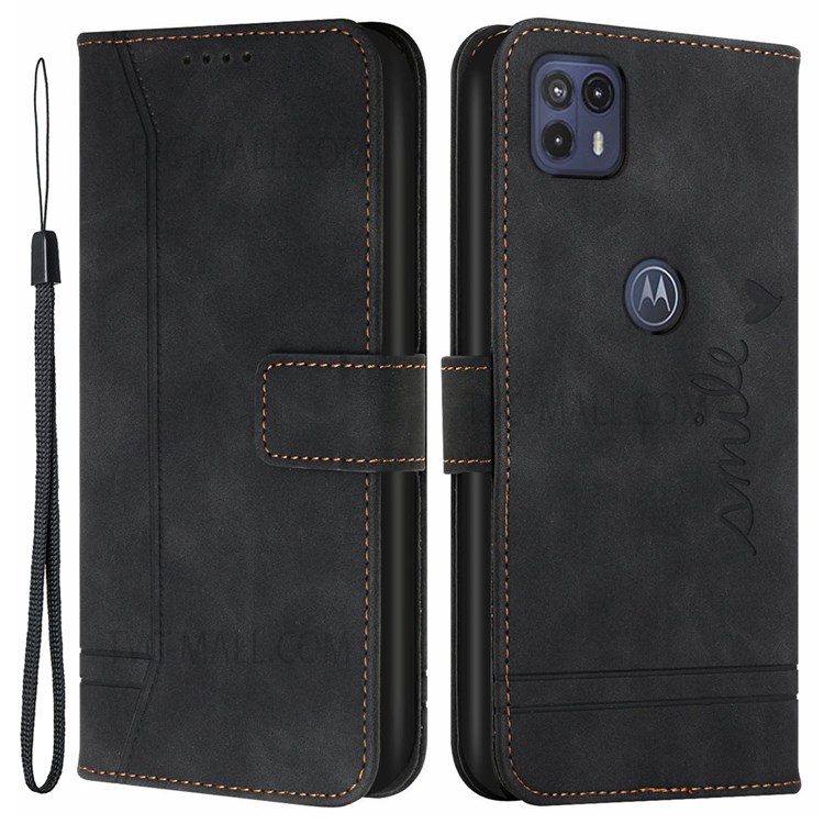 003 Series Full Body Protection Heart Shape Imprinted Skin-Touch PU Leather Wallet Flip Stand Phone Case with Strap for Motorola Moto G50 5G - Black-1