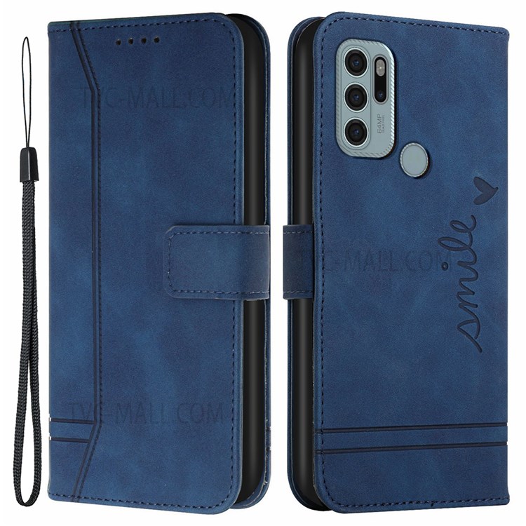 003 Series Skin-like Touch PU Leather Wallet Stand Flip Heart Shape Imprinted Phone Case with Strap for Motorola Moto G60S - Blue-1