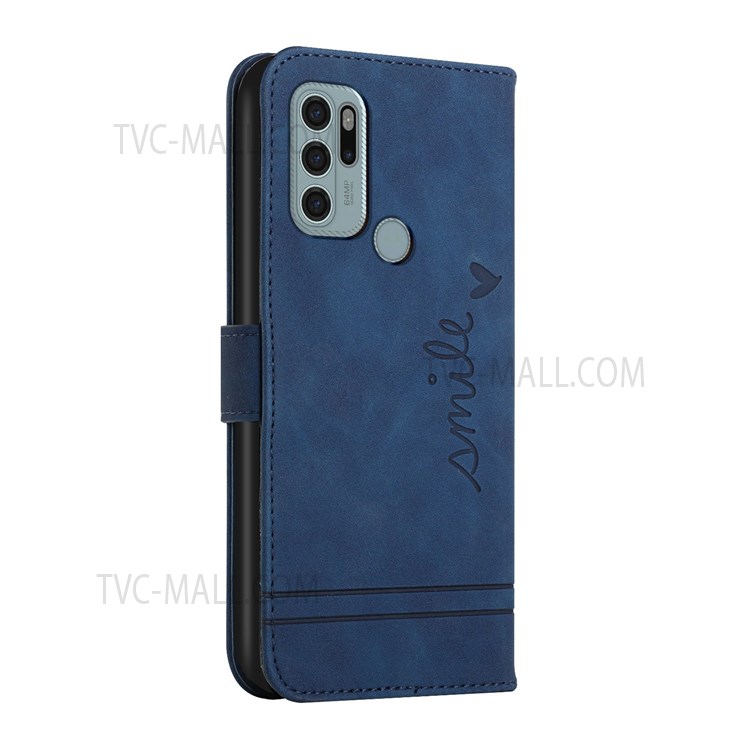003 Series Skin-like Touch PU Leather Wallet Stand Flip Heart Shape Imprinted Phone Case with Strap for Motorola Moto G60S - Blue-3
