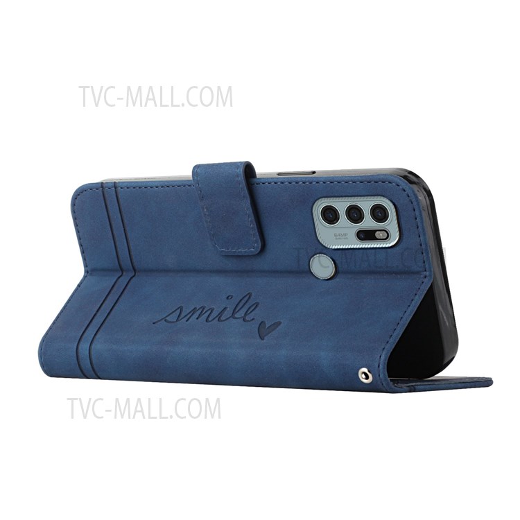 003 Series Skin-like Touch PU Leather Wallet Stand Flip Heart Shape Imprinted Phone Case with Strap for Motorola Moto G60S - Blue-5