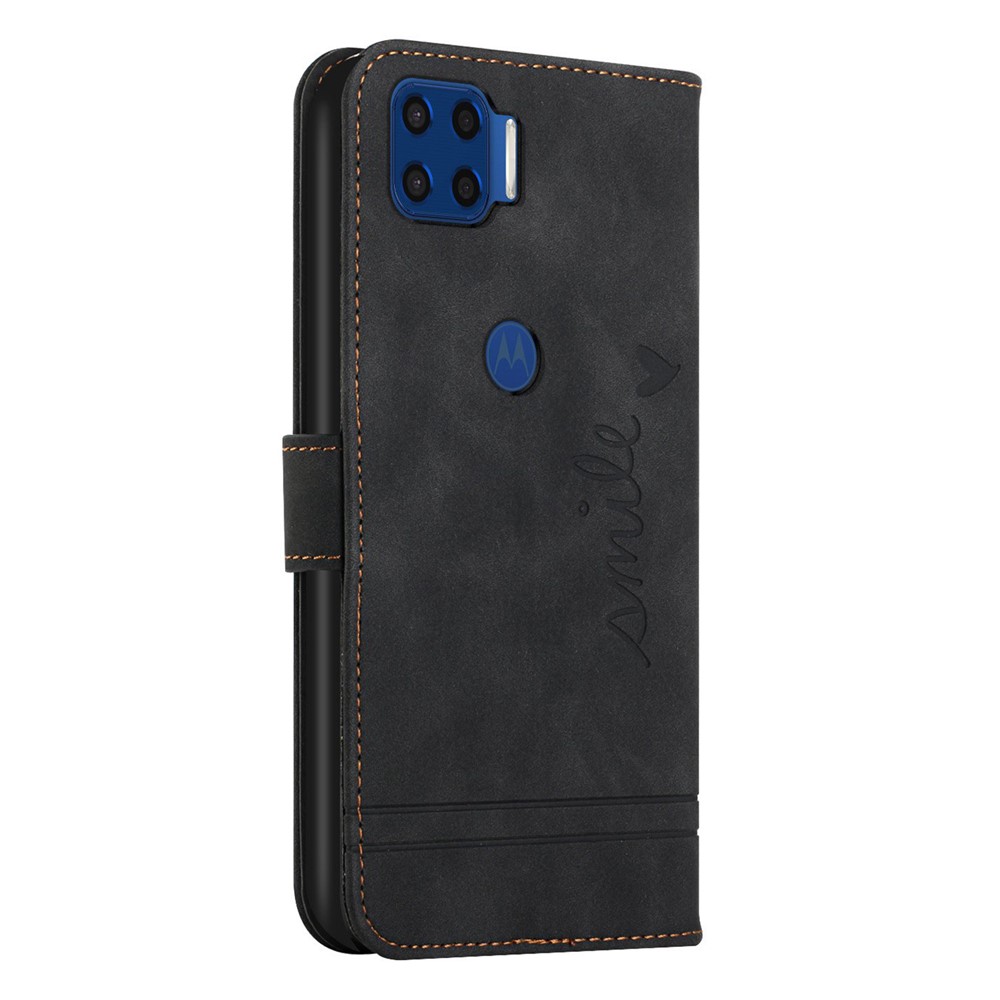 003 Series Skin-touch Feeling Heart Imprinted Leather Phone Stand Case Wallet Shell with Wrist Strap for Motorola Moto G 5G Plus - Black-3