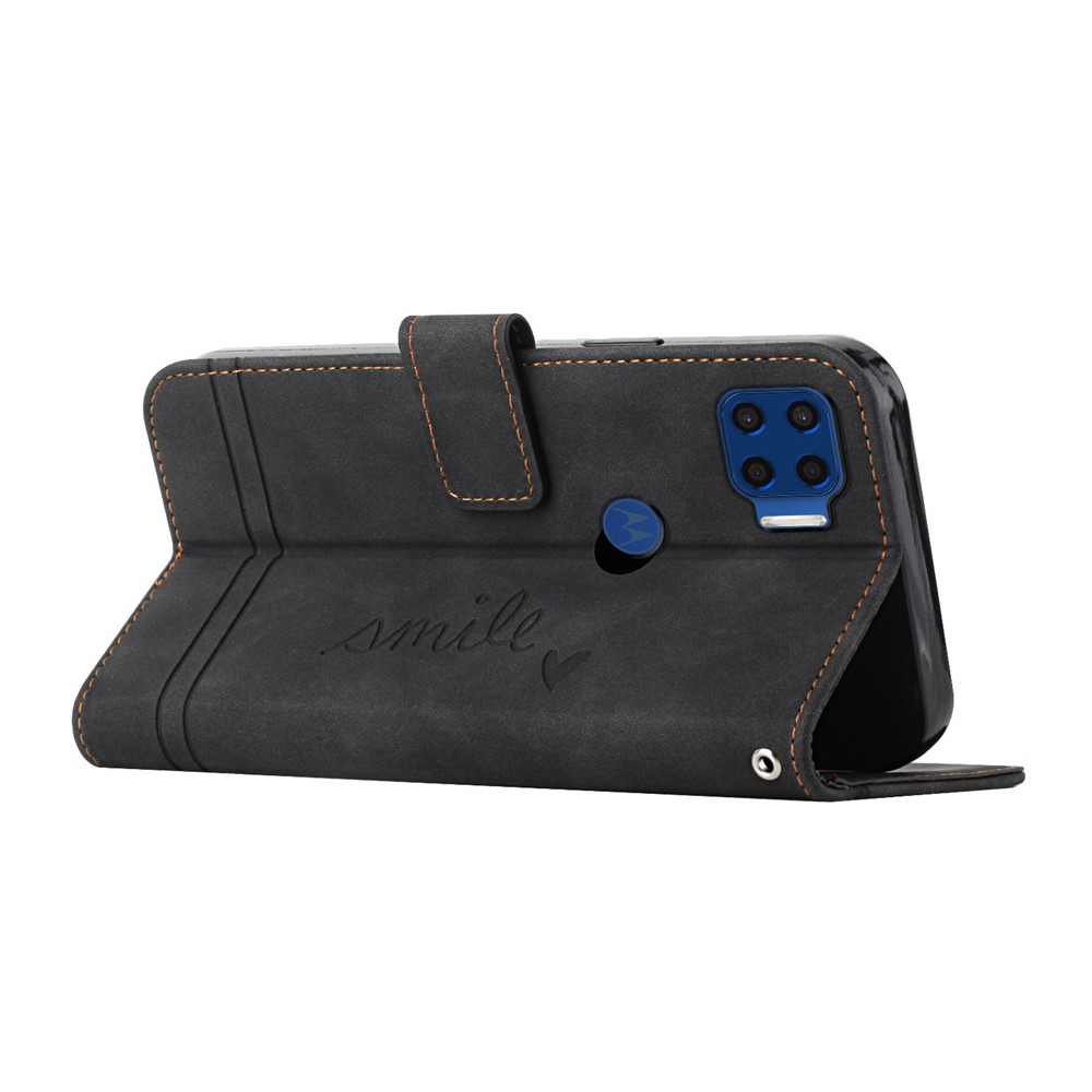 003 Series Skin-touch Feeling Heart Imprinted Leather Phone Stand Case Wallet Shell with Wrist Strap for Motorola Moto G 5G Plus - Black-4