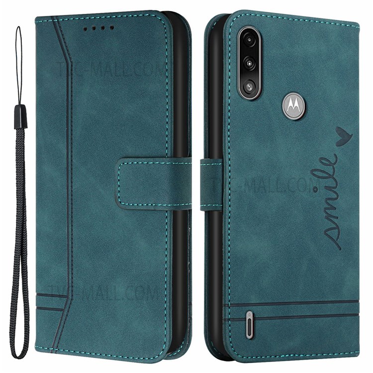003 Series Heart Shape Imprinted Magnetic Skin-Touch Leather Wallet Stand Folio Flip Case with Strap for Motorola Moto E7 Power - Green-1