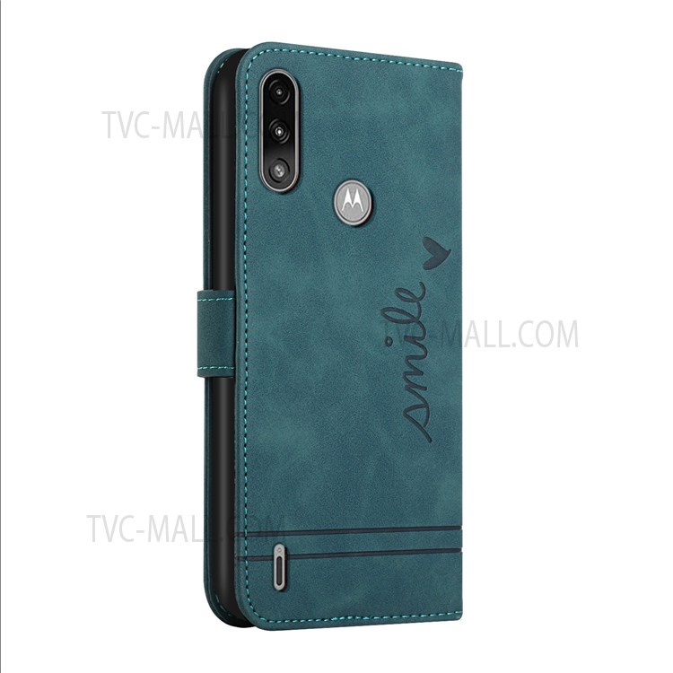 003 Series Heart Shape Imprinted Magnetic Skin-Touch Leather Wallet Stand Folio Flip Case with Strap for Motorola Moto E7 Power - Green-3