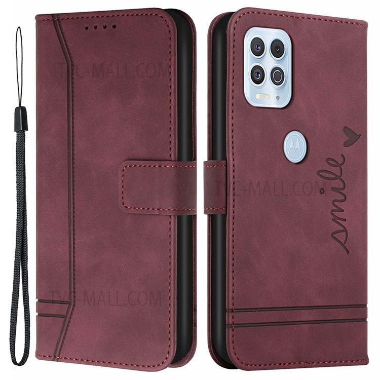 003 Series Imprinted Heart Shape Skin-Touch PU Leather Wallet Flip Stand Phone Cover with Wrist Strap for Motorola Edge S / Moto G100 - Wine Red-1