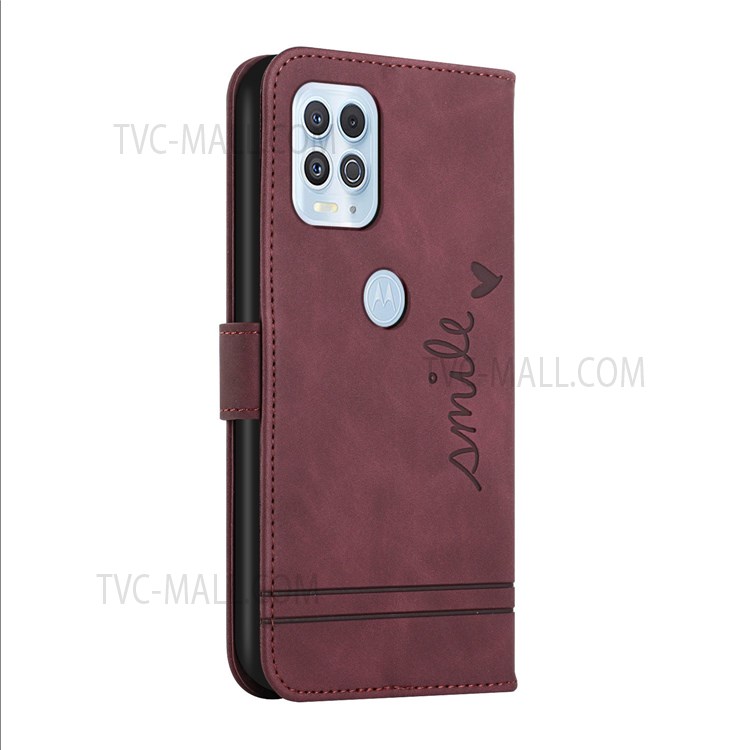 003 Series Imprinted Heart Shape Skin-Touch PU Leather Wallet Flip Stand Phone Cover with Wrist Strap for Motorola Edge S / Moto G100 - Wine Red-3