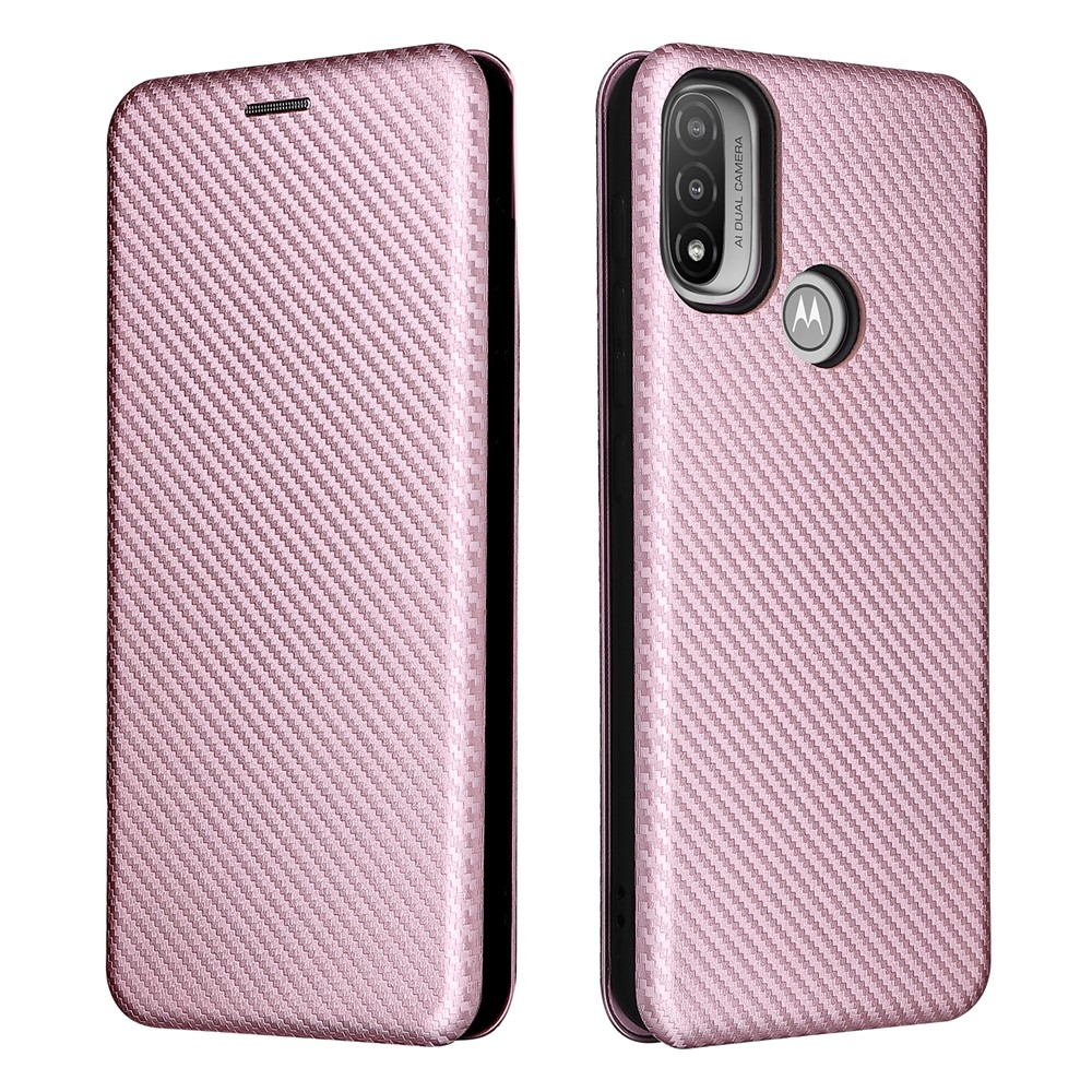 Carbon Fiber Texture PU Leather Card Holder Slot Stand Auto Closing Magnetic Case with Ring Strap for Motorola Moto E20 - Rose Gold-1
