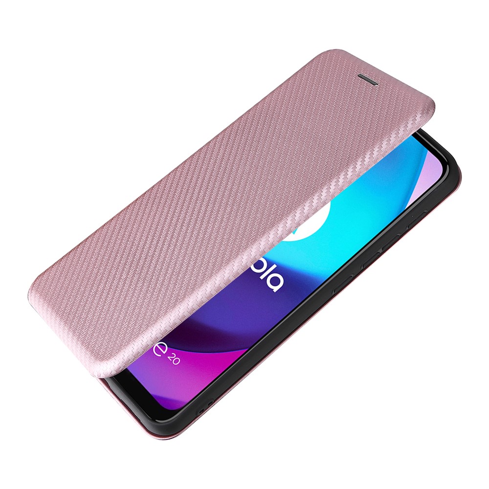 Carbon Fiber Texture PU Leather Card Holder Slot Stand Auto Closing Magnetic Case with Ring Strap for Motorola Moto E20 - Rose Gold-8