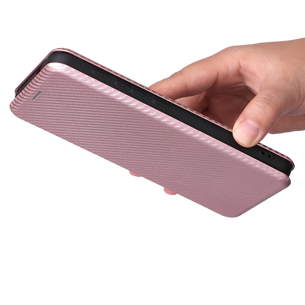 Carbon Fiber Texture PU Leather Card Holder Slot Stand Auto Closing Magnetic Case with Ring Strap for Motorola Moto E20 - Rose Gold-9