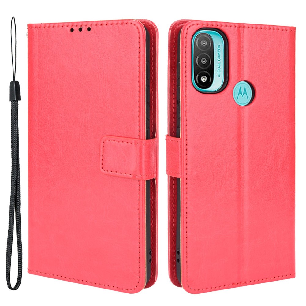 Flip Wallet Crazy Horse Texture PU Leather Stand Magnetic Protective Cover with Strap for Motorola Moto E20 - Red-1