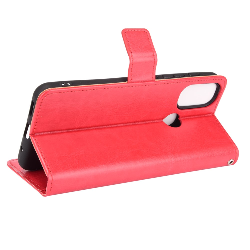Flip Wallet Crazy Horse Texture PU Leather Stand Magnetic Protective Cover with Strap for Motorola Moto E20 - Red-5