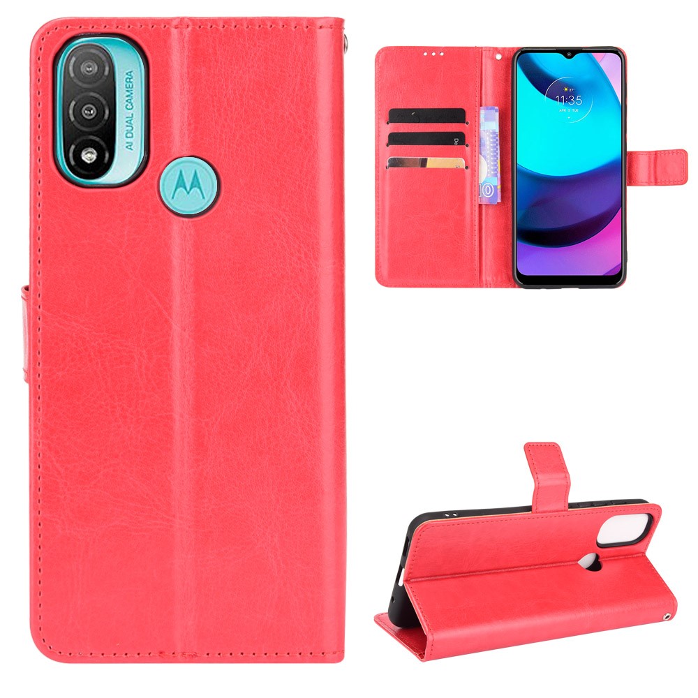 Flip Wallet Crazy Horse Texture PU Leather Stand Magnetic Protective Cover with Strap for Motorola Moto E20 - Red-6