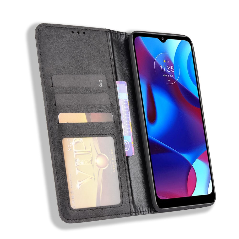 Anti-Drop Scratch Resistant Retro Textured Surface Phone Leather Case Wallet Stand Cover for Motorola G Pure - Black-4