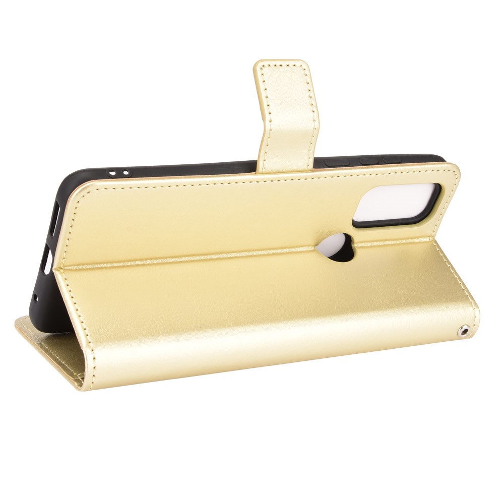 Stand Book Design Crazy Horse Texture PU Flip Folio Wallet Phone Case with Strap for Motorola G Pure - Gold-5