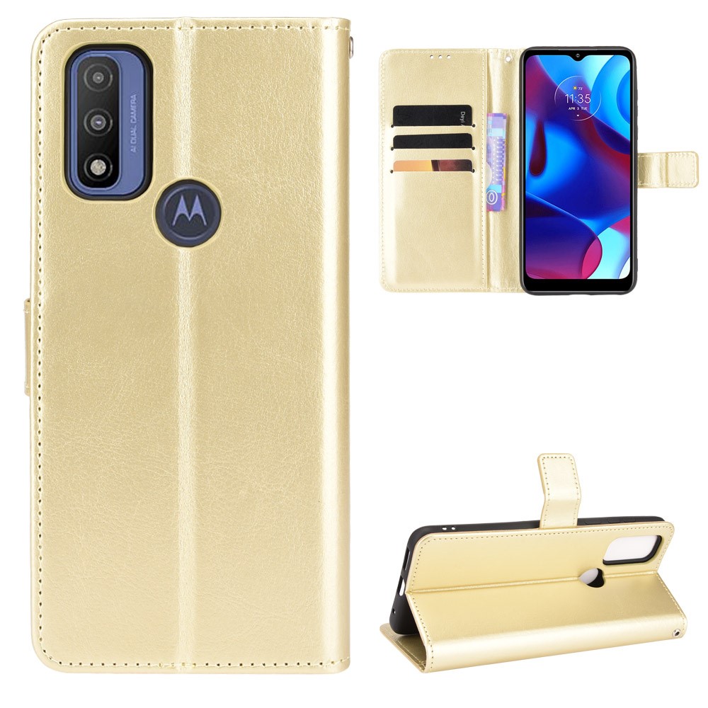 Stand Book Design Crazy Horse Texture PU Flip Folio Wallet Phone Case with Strap for Motorola G Pure - Gold-6