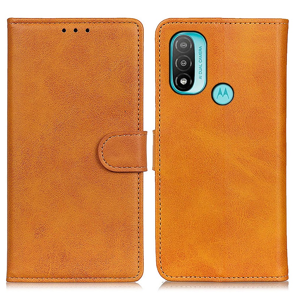 PU Leather and TPU Wallet Stand Book Design Flip Magnetic Folio Shockproof Phone Cover for Motorola Moto E40/E20 - Brown-1