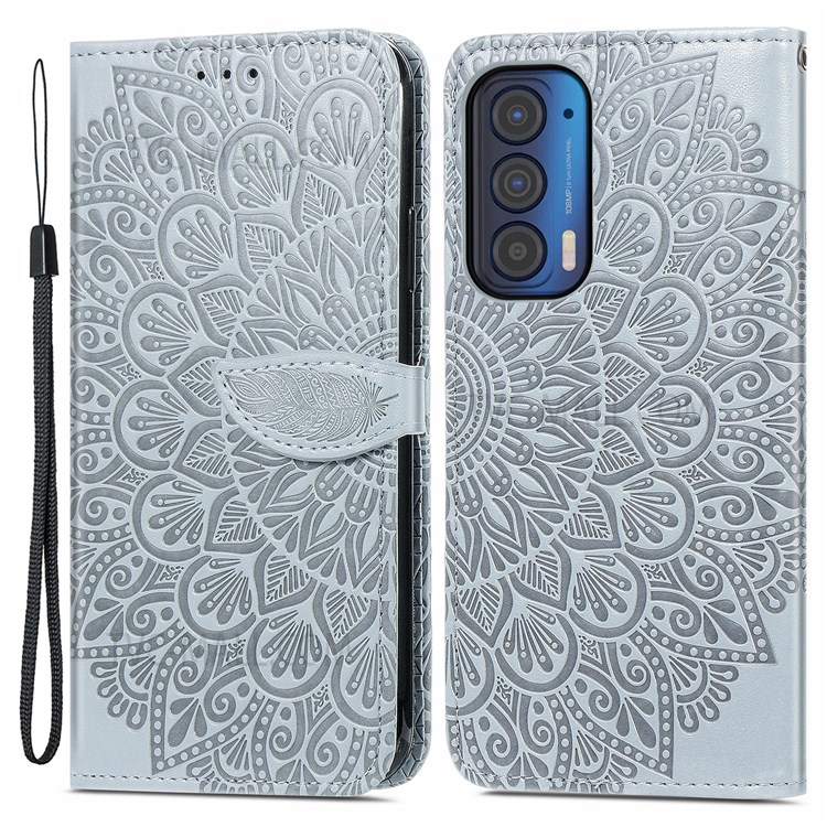 Stand Function Dream Wings Pattern Imprinted PU Leather Wallet Flip Folio Protective Case with Strap for Motorola Edge (2021) - Grey-1