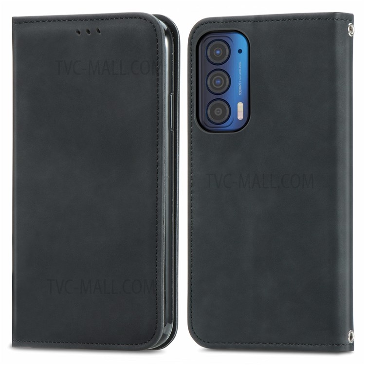Skin-touch Vintage PU Leather Stand Auto Closing Magnetic Flip Cover with Card Holders for Motorola Edge (2021) - Black-1