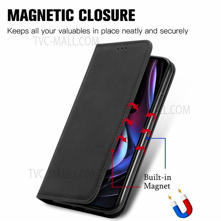 Skin-touch Vintage PU Leather Stand Auto Closing Magnetic Flip Cover with Card Holders for Motorola Edge (2021) - Black-2