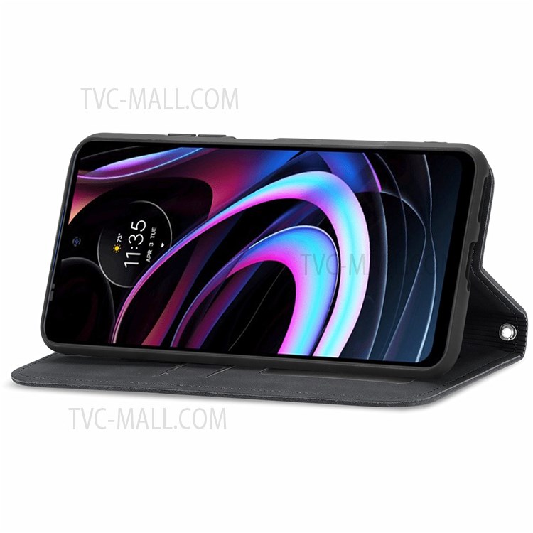 Skin-touch Vintage PU Leather Stand Auto Closing Magnetic Flip Cover with Card Holders for Motorola Edge (2021) - Black-6