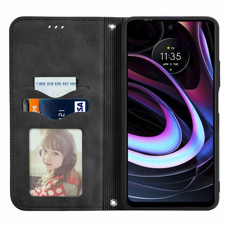 Skin-touch Vintage PU Leather Stand Auto Closing Magnetic Flip Cover with Card Holders for Motorola Edge (2021) - Black-7