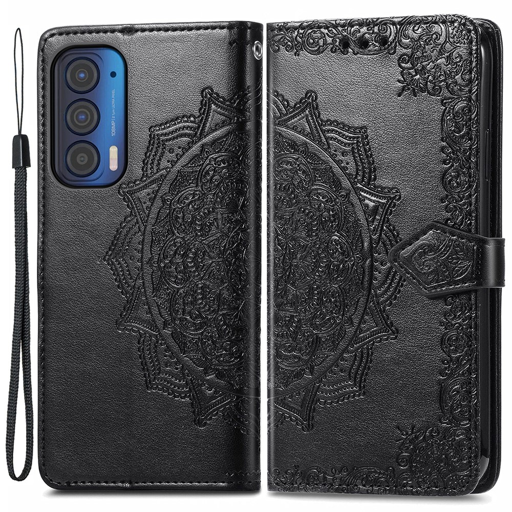 Embossed Mandala Flower Pattern PU Leather Wallet Stand Flip Phone Case with Strap for Motorola Edge (2021) - Black-1