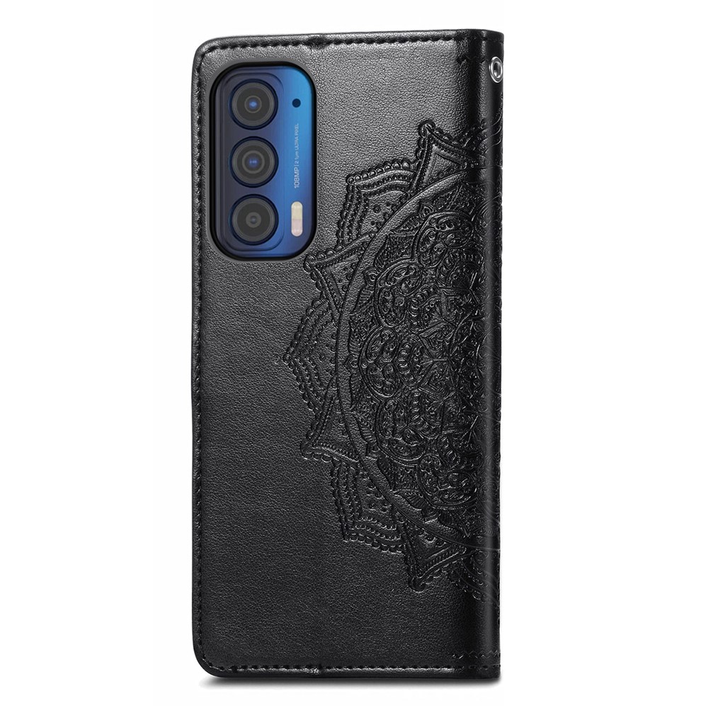 Embossed Mandala Flower Pattern PU Leather Wallet Stand Flip Phone Case with Strap for Motorola Edge (2021) - Black-3