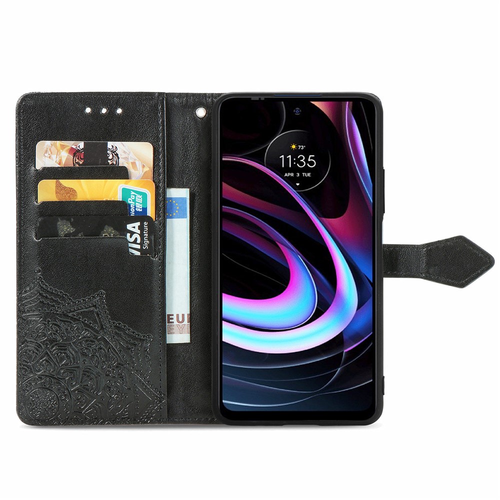 Embossed Mandala Flower Pattern PU Leather Wallet Stand Flip Phone Case with Strap for Motorola Edge (2021) - Black-4