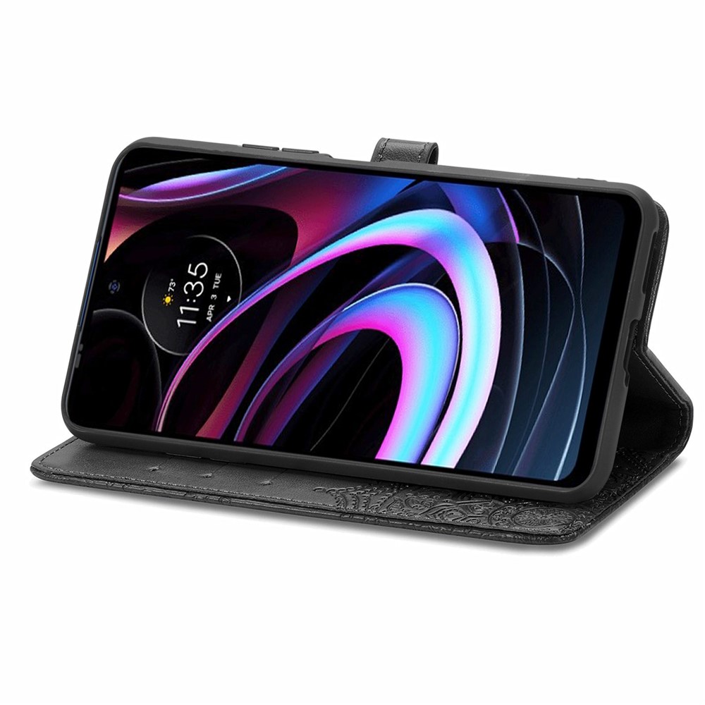 Embossed Mandala Flower Pattern PU Leather Wallet Stand Flip Phone Case with Strap for Motorola Edge (2021) - Black-5