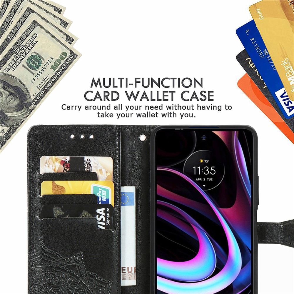 Embossed Mandala Flower Pattern PU Leather Wallet Stand Flip Phone Case with Strap for Motorola Edge (2021) - Black-7