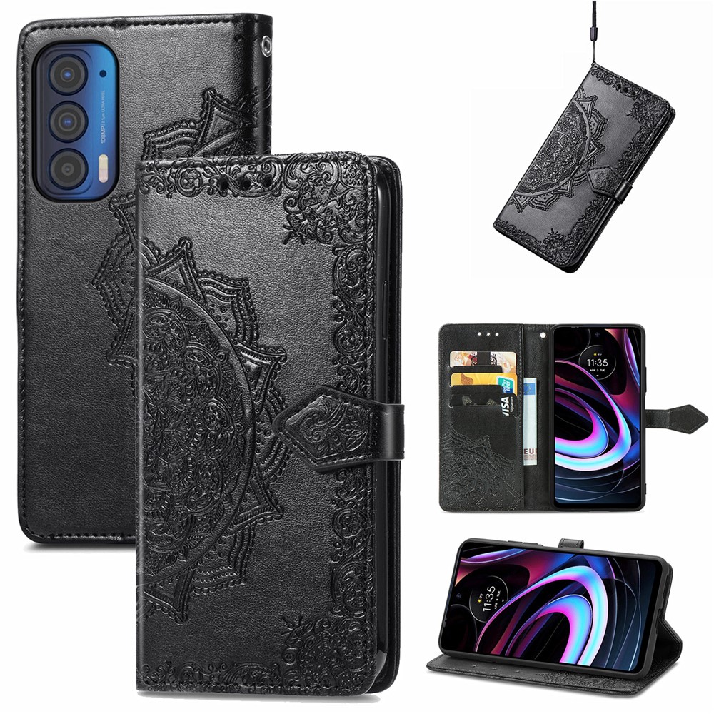 Embossed Mandala Flower Pattern PU Leather Wallet Stand Flip Phone Case with Strap for Motorola Edge (2021) - Black-8