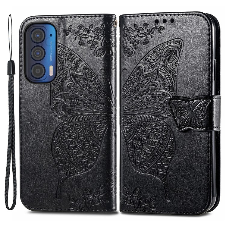 PU Leather Butterfly Flower Pattern Imprinted Wallet Stand Flip Phone Cover with Wrist Strap for Motorola Edge (2021) - Black-1