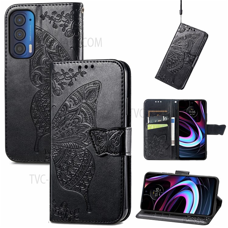 PU Leather Butterfly Flower Pattern Imprinted Wallet Stand Flip Phone Cover with Wrist Strap for Motorola Edge (2021) - Black-11