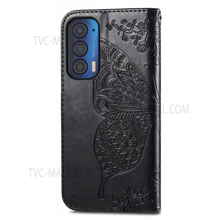 PU Leather Butterfly Flower Pattern Imprinted Wallet Stand Flip Phone Cover with Wrist Strap for Motorola Edge (2021) - Black-4